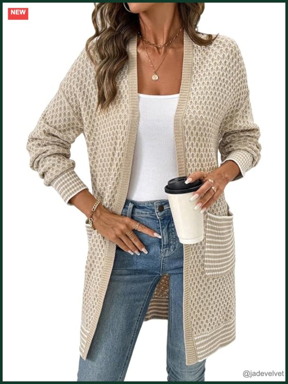 Chunky Hexagon Knit Open Front Cardigan Sweater Coat with Pockets